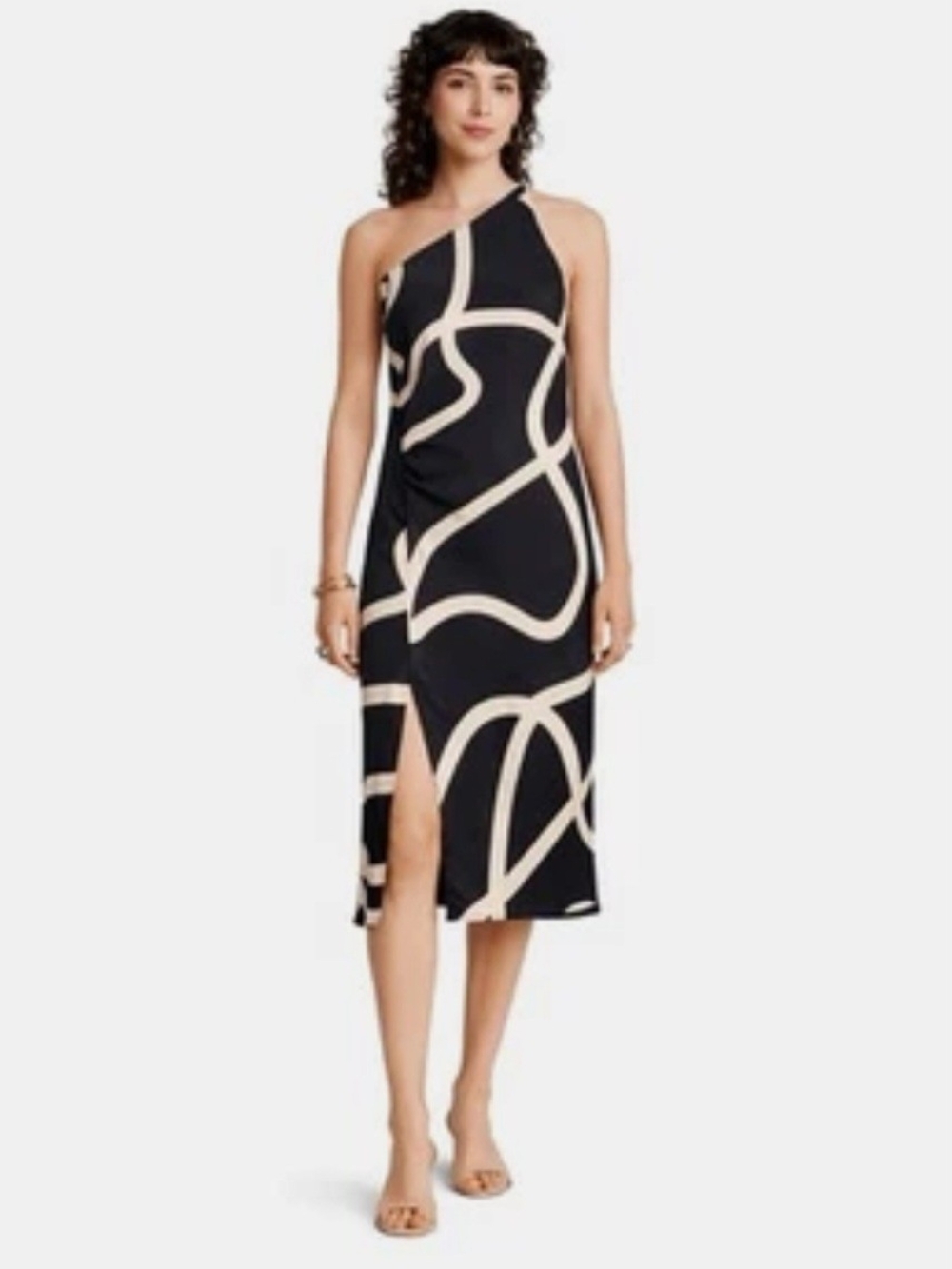 NWT Alani Noelle Asymmetrical One-Shoulder Black Dress with Cream Abstract Lines